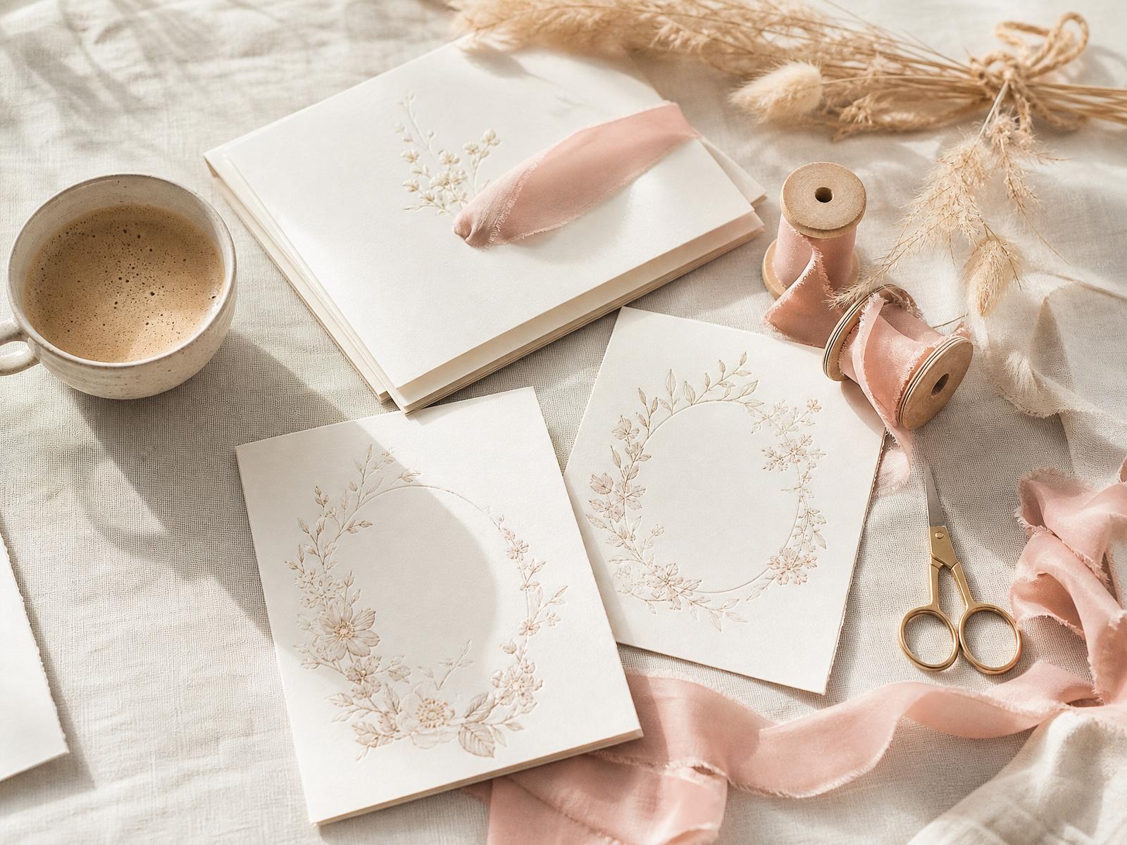 Elegant flat lay of Jay's Creation Co printables and ribbon accents